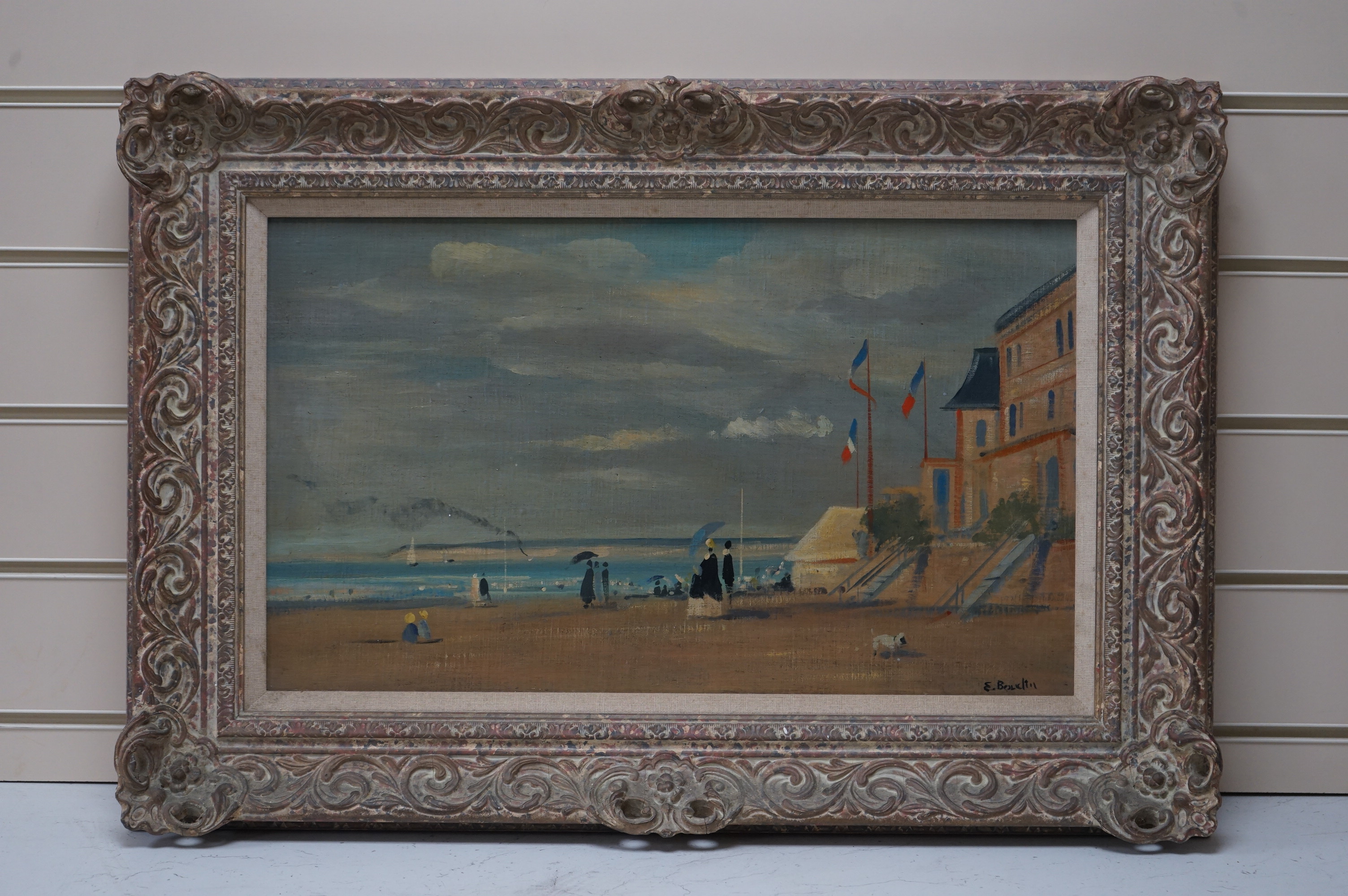 After Eugene Boudin, oil on board, Beach scene with figures, 29 x 49cm, ornate frame, Condition - good